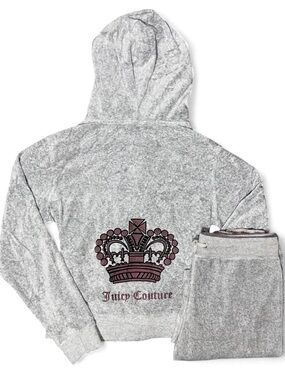 Juicy Couture Light Gray Velour Zip Hoodie with Drawstrings and Crown Logo